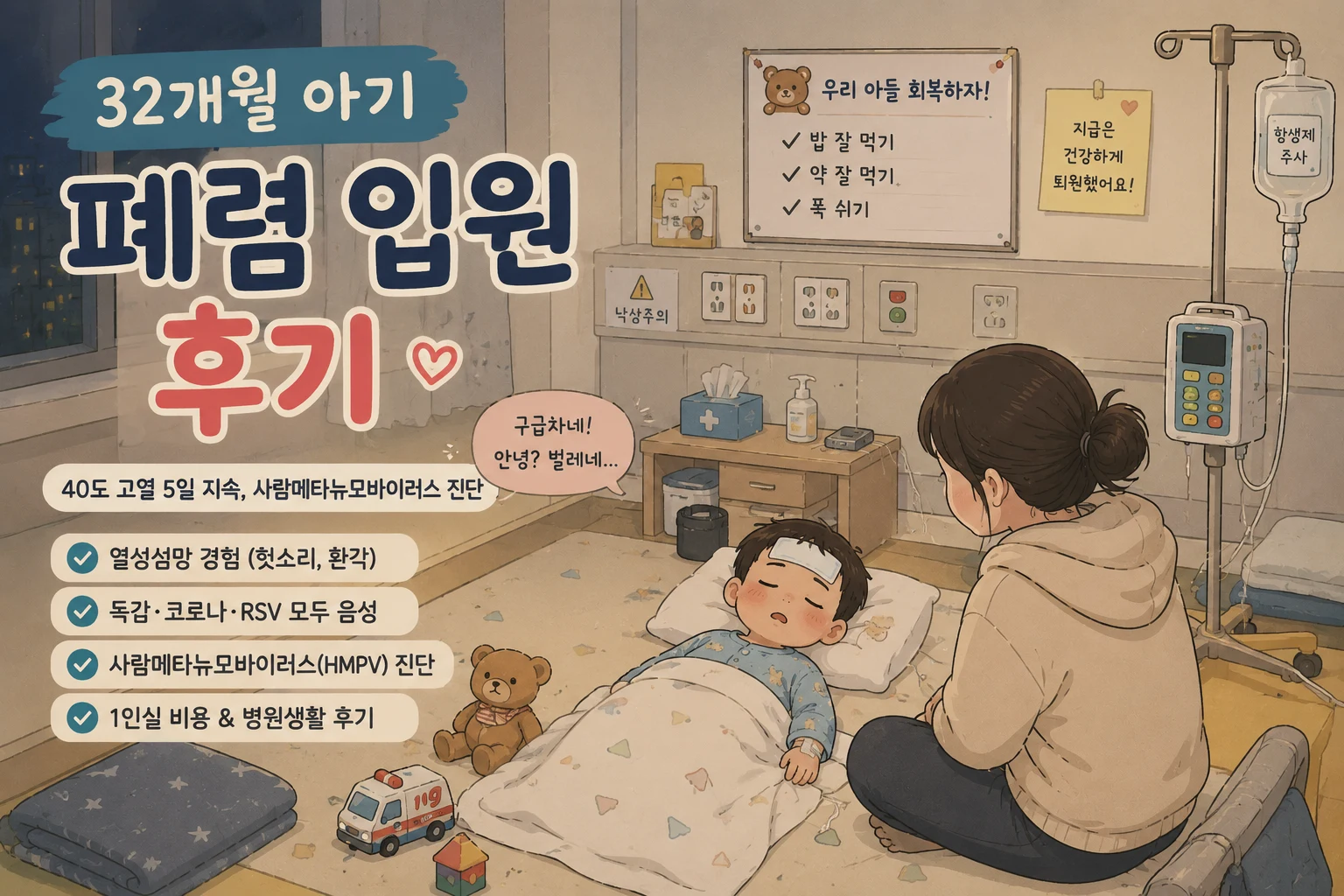 32개월 아기 폐렴 입원 후기 (40도 고열 5일·HMPV·열성섬망)