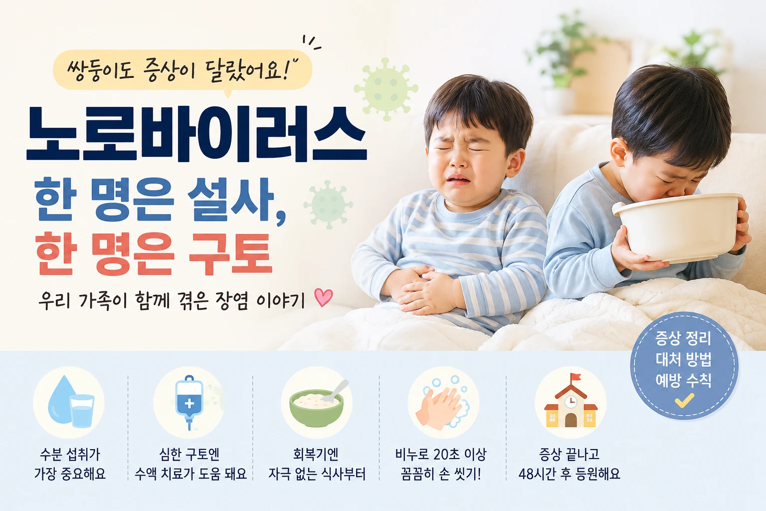 노로바이러스 장염 대처법 – 쌍둥이도 증상이 달랐던 가족 감염 후기