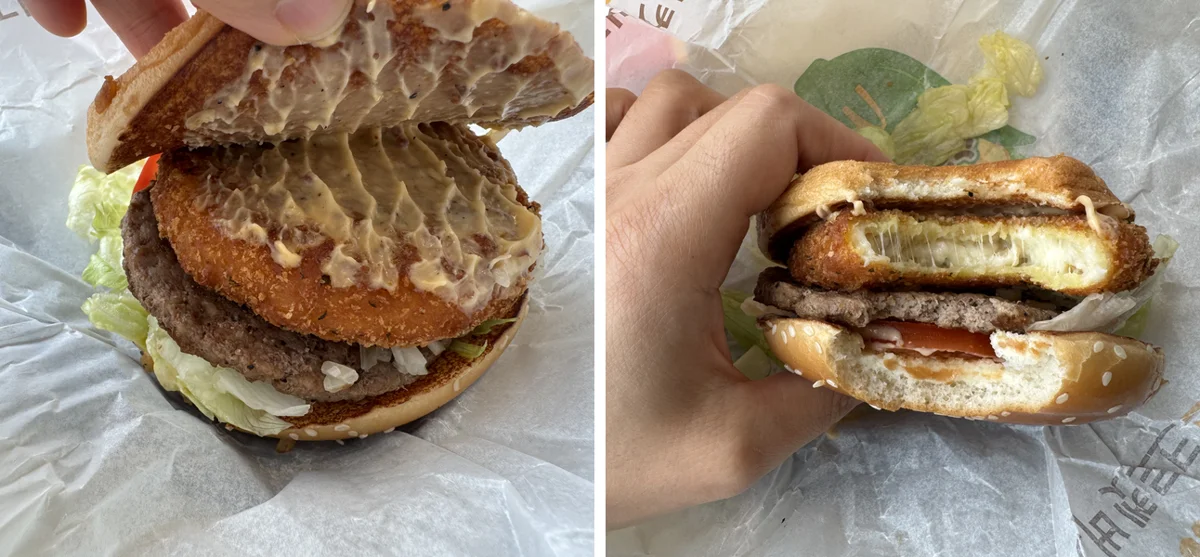 반으로 가른 단면 – 옥수수 치즈 크로켓과 순쇠고기 패티