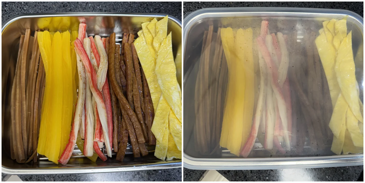 밧드에 재료를 늘어놓은 모습(왼쪽)과 뚜껑을 닫아 냉장 보관하는 모습(오른쪽)