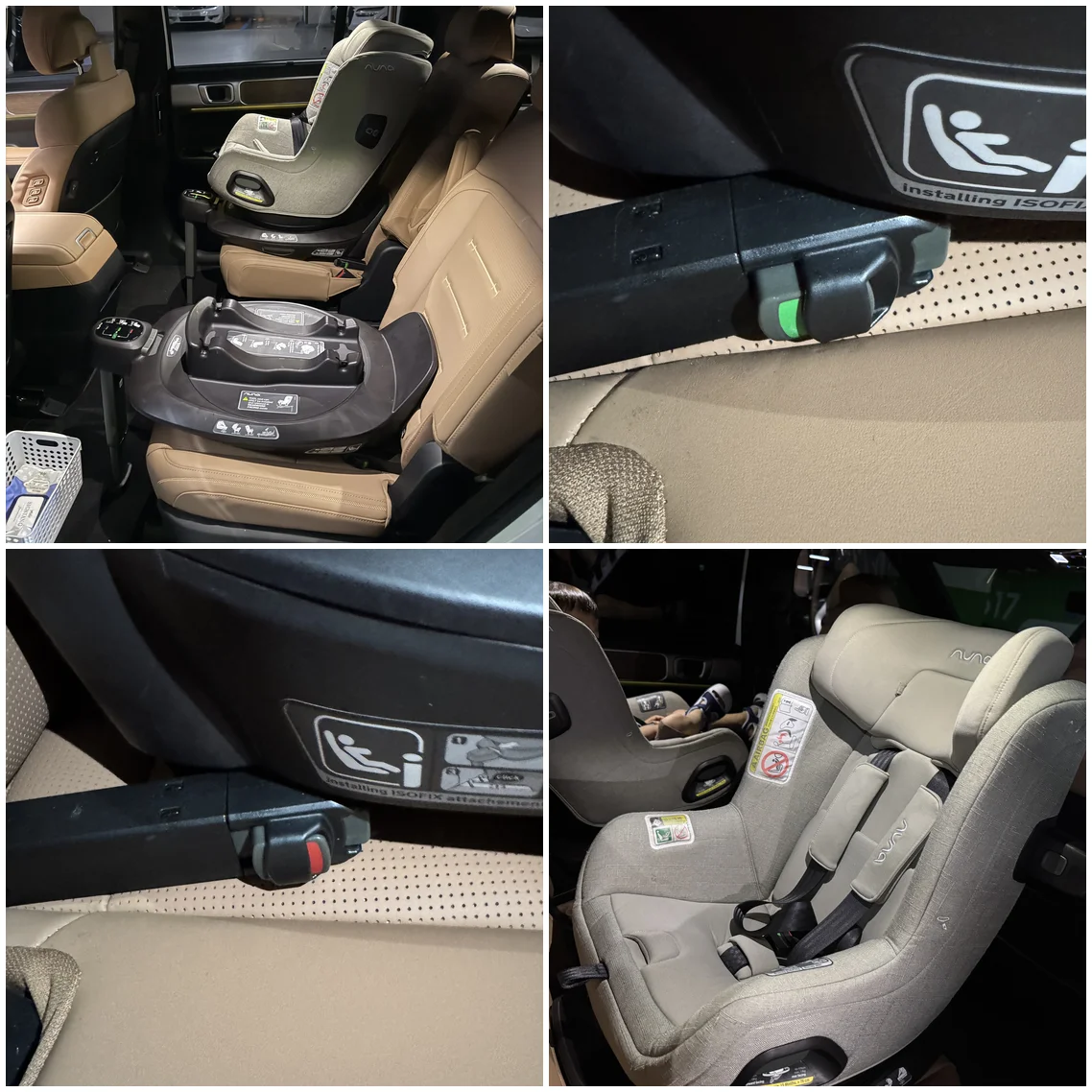 ISOFIX 커넥터 표시등 – 빨간색(미체결)과 초록색(체결 완료), 서포팅 레그까지 설치된 모습