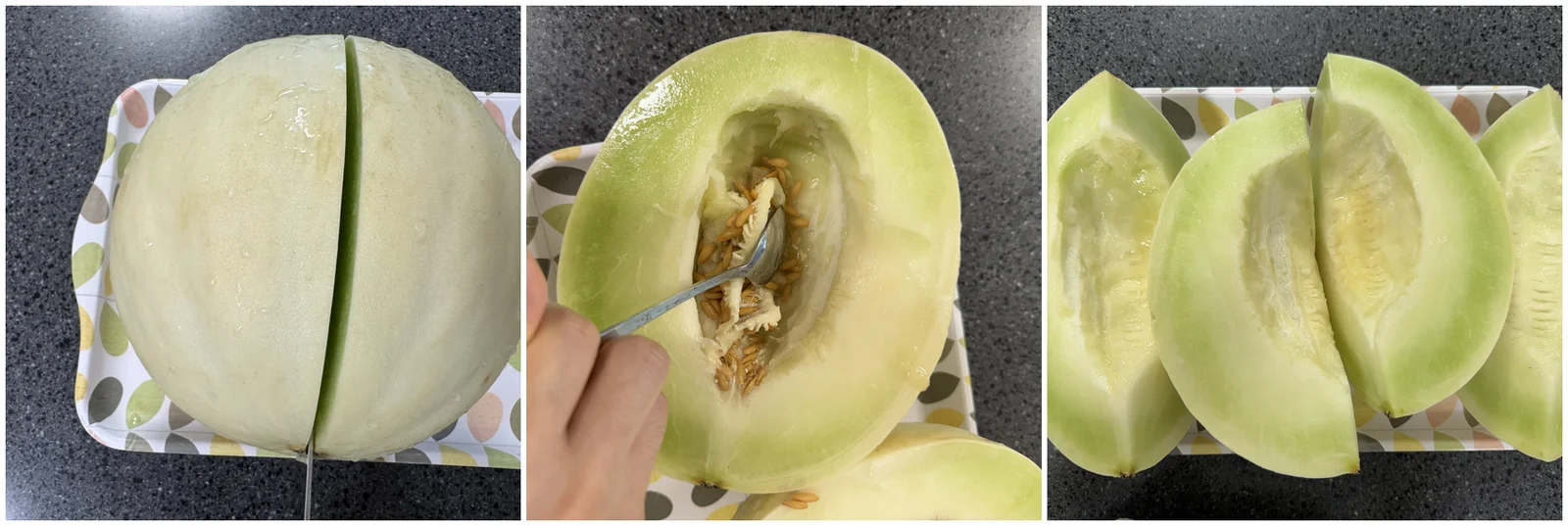 반으로 자른 첫 번째 멜론, 씨 제거 과정, 웨지로 자른 모습