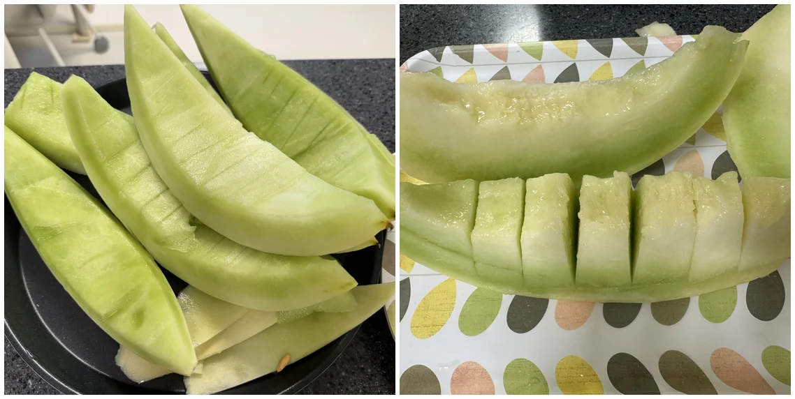 후숙 후 자른 멜론 단면 – 껍질까지 물러진 상태