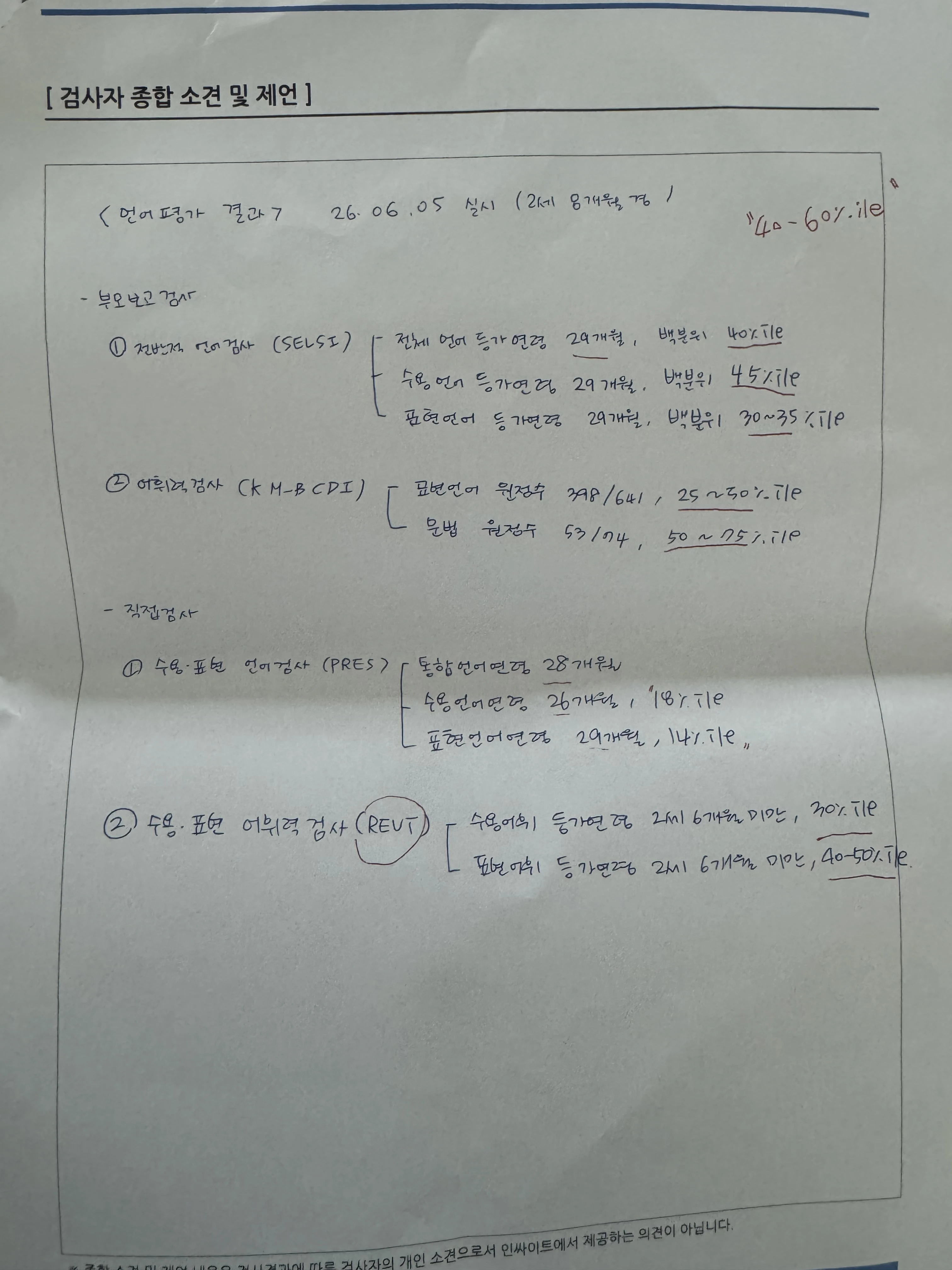 언어평가 재검사 결과지 (검사자 종합 소견)