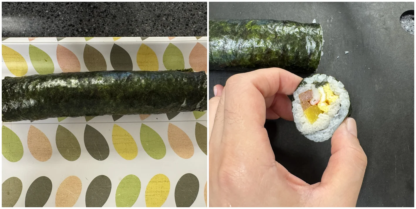 완성된 김밥 롤과 잘라본 단면
