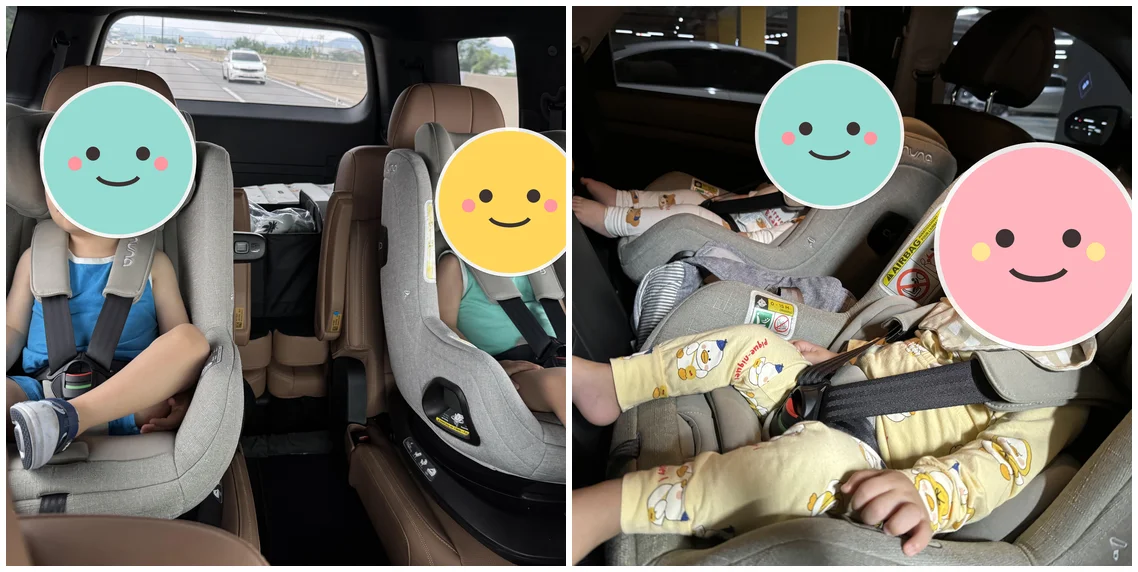 카시트에서 곤히 잠든 모습 – 오른쪽은 각도를 눕혀서 재운 모습