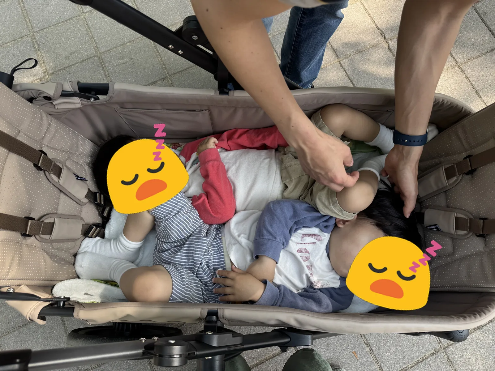 웨건 안에서 나란히 잠든 쌍둥이